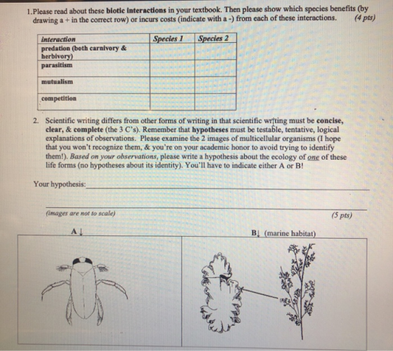 1.Please read about these biotic interactions in your textbook. Then please show which species benefits (by drawing a + in th