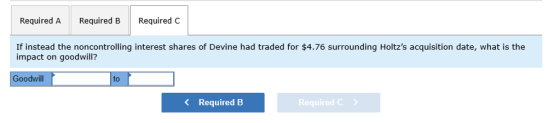 Required A Required B Required C If instead the noncontrolling interest shares of Devine had traded for $4.76 surrounding Hol