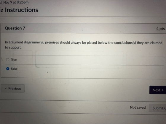 d: Nov 9 at 8:25pm z Instructions Question 7 4 pts In argument diagramming, premises should always be placed below the conclusions(s) they are claimed to support. O True O False 4 Previous Next Not saved Submit C
