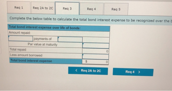 Req 1 Req 2A to 20 Req 3 Req 4 Req 5 Complete the below table to calculate the total bond interest expense to be recognized o