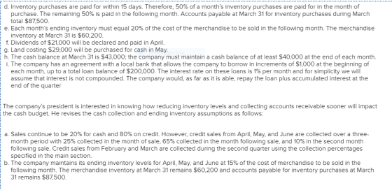 d. Inventory purchases are paid for within 15 days. Therefore, 50% of a months inventory purchases are paid for in the month