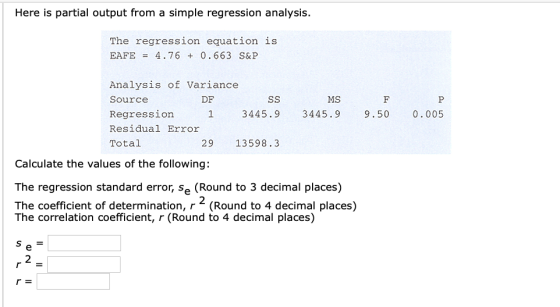 Here is partial output from a simple regression analysis. The regression equation is EAFE = 4.76 + 0.663 S&P F MS 3445.9 9.50
