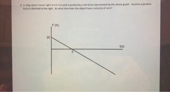 2) A 15kg object moves right at 4.0 m/s and is pushed by a net force represented by the above graph. Assume a positive force is directed to the right. At what time does the object have a velocity of zero? F (N) 20 t(s)
