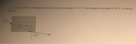 2. A light ray enters a rectangular block of plastic at an angle θ 1=43.0° and emerges at an angle θ,-81.00, as shown. Find d 43° 81°