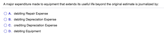 A major expenditure made to equipment that extends its useful life beyond the original estimate is journalized by A. debiting
