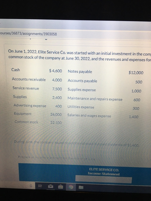 courses/36873/assignments/3903058 On June 1, 2022, Elite Service Co. was started with an initial investment in the com common
