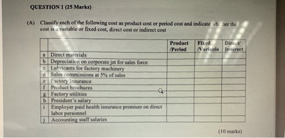 QUESTION 1 (25 Marks) (A) Classify each of the following cost as product cost or period cost and indicate Wher the cost is a
