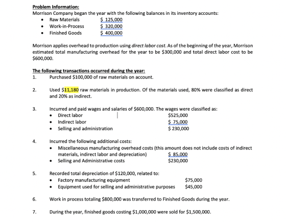 Problem Information: Morrison Company began the year with the following balances in its inventory accounts: Raw Materials $ 1