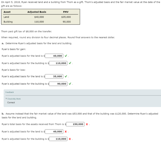 On April 5, 2018, Ryan received land and a building from Thom as a gift. Thoms adjusted basis and the fair market value at t
