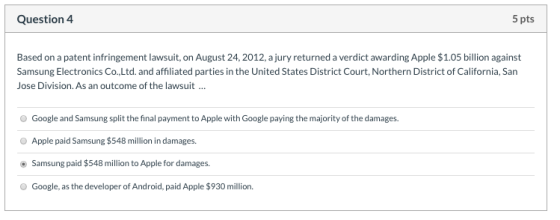 Question 4 5 pts Based on a patent infringement lawsuit, on August 24, 2012, a jury returned a verdict awarding Apple $1.05 b