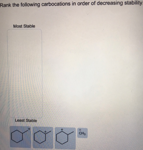 Rank the following carbocations in order of decreasing stability Most Stable Least Stable og ở bu