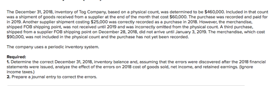 The December 31, 2018, inventory of Tog Company, based on a physical count, was determined to be $460,000. Included in that c