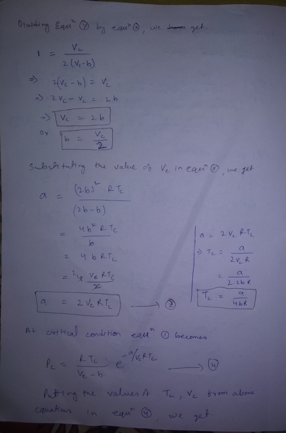 Dividing Eau by eaun@, we toe get. LE Vc 2 (Vc-b) - 2/ve-b) 2 V 2) 2 Vc - v = 2b 2) ve = 26] or other Subshitating the value