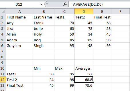 D12 F А 1 First Name 2 Any 3 Liza 4 Allen 5 Adam 6 Grayson 7 fx =AVERAGE(D2:D6) B с D E Last Name Test1 Test2 Final Test Fran