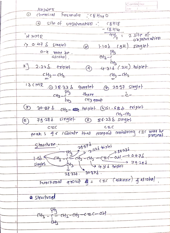 unselurahon Camlin Page Answer ① chemical Formula 8 HILO __ @ site of origarroahon . C8H18 - 18 HH H NMR 45 = 2 site of on 1