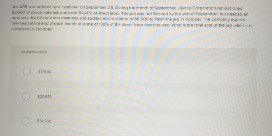 Job A3 was ordered by a customer on September 25. During the month of September, Jaycee Corporation requisitioned $2.900 of d