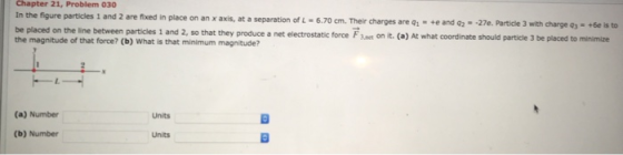 Chapter 21, Problem 030 In the figure particles 1 and 2 are fixed in place on an x axis, at a separation of L = 6.70 cm. Their be placed on the line between particles 1 and 2, so that they produce a net electrostatic force Fsam on it. (a) At what charges are qī.+e and 92--27e. Partide 3 with charge =+6e is to the magnitude of that force? (b) What is that minimum magnitude? coordinate should particle 3 be placed to minimize (a) Number Units (b) Number Units