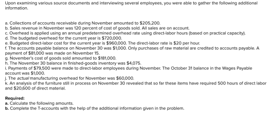 Upon examining various source documents and interviewing several employees, you were able to gather the following additional