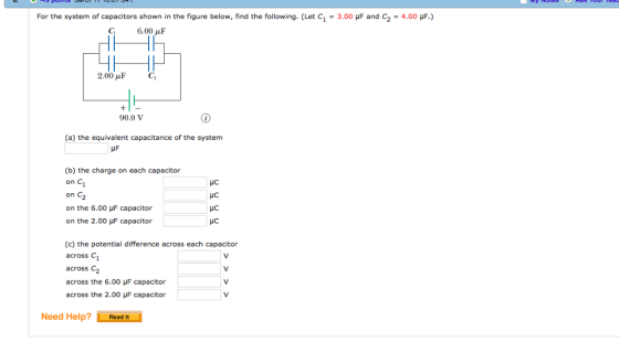 For the system of capacitors shown in the figure below, find the following. (Let C1 = 3.00 μF and C2 = 4.00 μF.) C, 6.00 μF 2