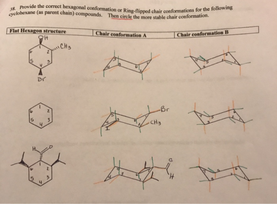 Provide the correct hexagonal conformation or Ring-flipped chair conformations clohexane (as parent chain) compounds. Then ci
