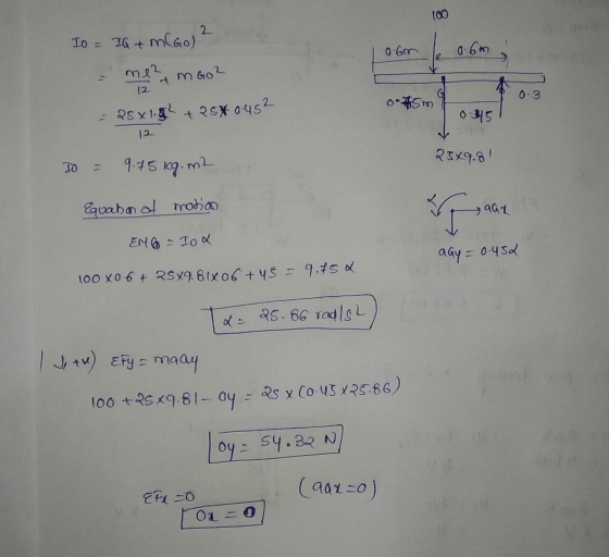 100 TO = Ich + Gol² -600 0.6m mez 12 - MGOZ 0-3 o 45m - 28 x 1.? +* 0-452 0315 25x9.81 T = 9.75 lcg. m2 Equaha af motion aar