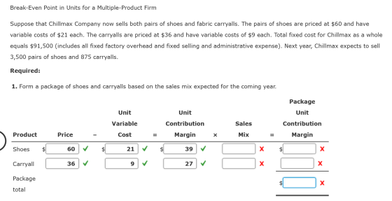 Break-Even Point in Units for a Multiple-Product Firm Suppose that Chillmax Company now sells both pairs of shoes and fabric