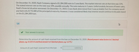 On December 31, 2020Nash Company signed a $1.284,300 note to Crane Bank. The market interest rate at that time was 12%. The s