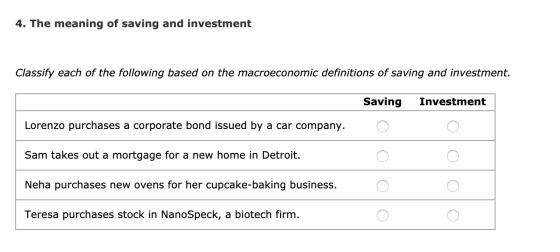 4. The meaning of saving and investment Classify each of the following based on the macroeconomic definitions of saving and i