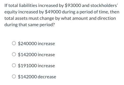 If total liabilities increased by $93000 and stockholders equity increased by $49000 during a period of time, then total ass