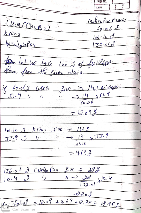 Page No. Ола ССМ, Р,о). I KNO3 Molecular Mass 60106 & 1ol.log 132.06 & Hugtipoy Ibon let us take loo than from the given fert