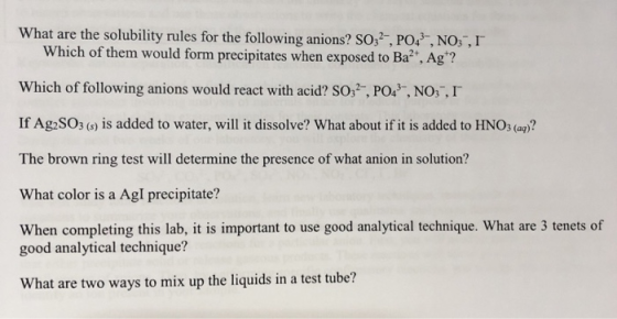 What are the solubility rules for the following anions? SO32, PO4, NO3-, I Which of them would form precipitates when exposed