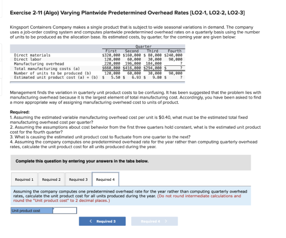 Exercise 2-11 (Algo) Varying Plantwide Predetermined Overhead Rates (LO2-1, LO2-2, LO2-3] Kingsport Containers Company makes