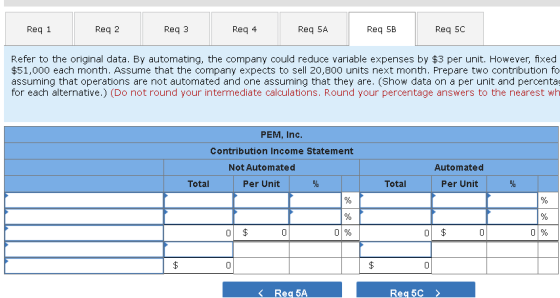 Req 1 Req 2 Req 3 Req 4 Req 5A Req 5B Req 5C Refer to the original data. By automating, the company could reduce variable exp