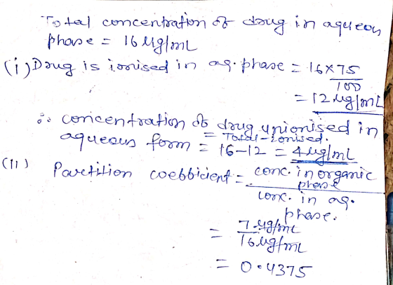 100 Total concentration of drug in aqueon phase 16 liglone (i) Doug is iorised in ag. phase = 16x75 = 12 ug/mL ó i concentrat