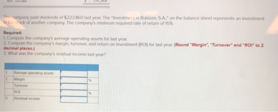 Net income The company paid dividends of $223,860 last year. The Investment in Buisson, S.A., on the balance sheet represen