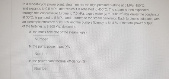 In a reheat-cycle power plant, steam enters the high-pressure turbine at 5 MPa, 450°C, and expands to 0.5 MPa, after which it is reheated to 450°C. The steam is then expanded through the low-pressure turbine to 7.5 kPa. Liquid water (Vi 0.001 m/kg) leaves the condensor at 30°C, is pumped to 5 MPa, and returned to the steam generator. Each turbine is adiabatic, with an isentropic efficiency of 81.6 % and the pump efficiency is 848 %. If the total power output of the turbines is 8,800 kw, determine a. the mass flow rate of the steam (kg/s) Number b. the pump power input (kw) Number C, the power plant thermal efficiency (%) Number