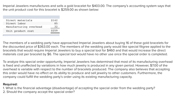 Imperial Jewelers manufactures and sells a gold bracelet for $403.00. The companys accounting system says that the unit prod
