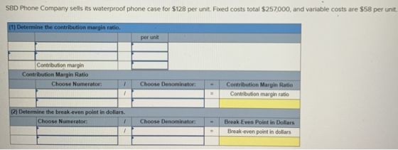 SBD Phone Company sells its waterproof phone case for $128 per unit. Fixed costs total $257,000, and variable costs are $58 p