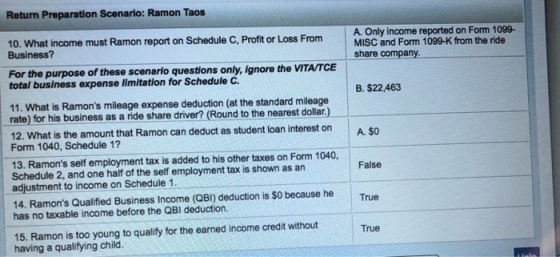Return Preparation Scenario: Ramon Taos A. Only income reported on Form 1099- MISC and Form 1099-K from the ride share compan