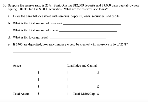 10. Suppose the reserve ratio is 25%. Bank One has $12,000 deposits and $3,000 bank capital (owners equity). Bank One has $3