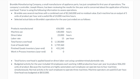 Bramble Manufacturing Company, a small manufacturer of appliance parts, has just completed its first year of operations. The