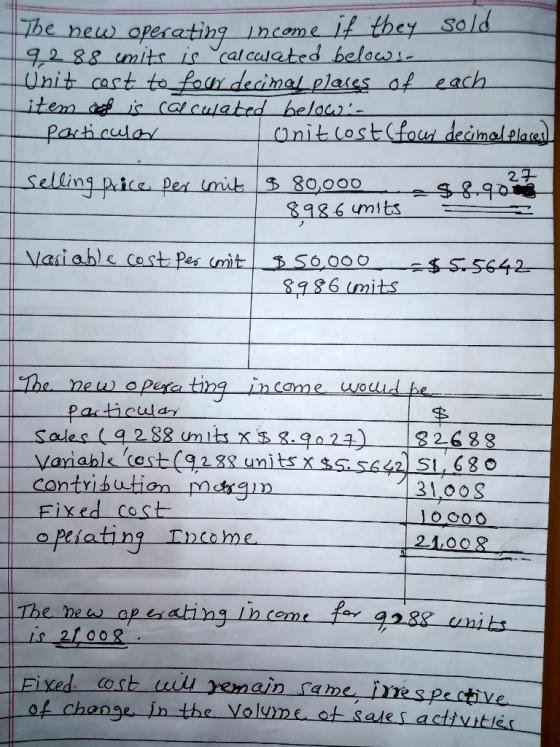 The new operating income if they sold 92 88 cmits is calculated belows Unit cost to four decimal places of each item of is ca