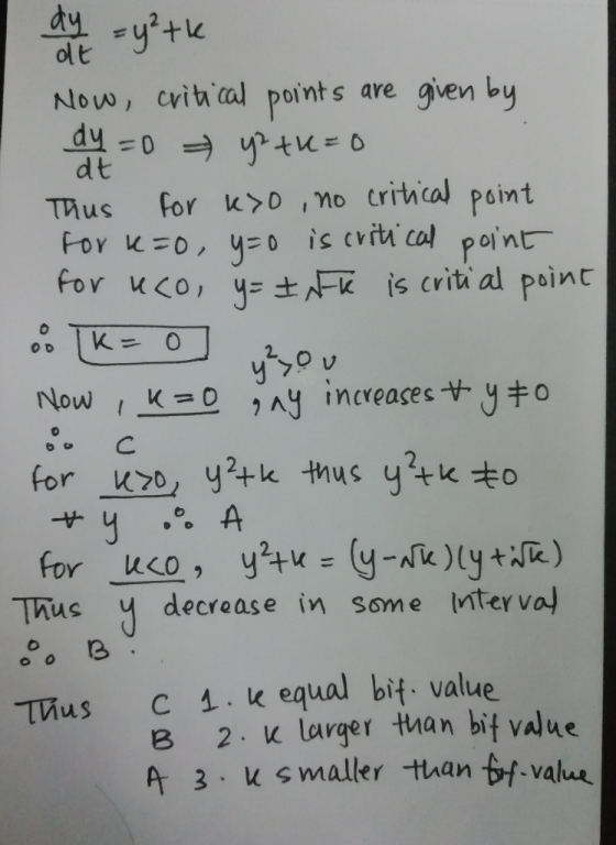 ou le = y²the dt Now, critical points are given by dy = y² +6=0 Thus for kyo, no critical point for k=0, y=0 is critical poin