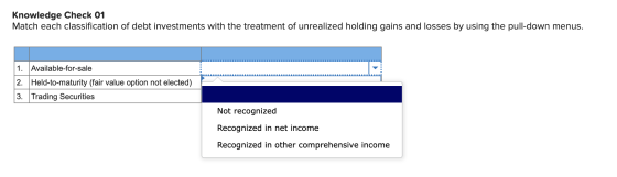Knowledge Check 01 Match each classification of debt investments with the treatment of unrealized holding gains and losses by