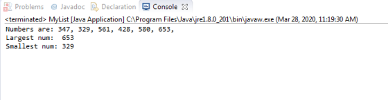 Problems @ Javadoc . Declaration Console X <terminated> MyList [Java Application] C:\Program Files\Java\jre1.8.0_201\bin\java