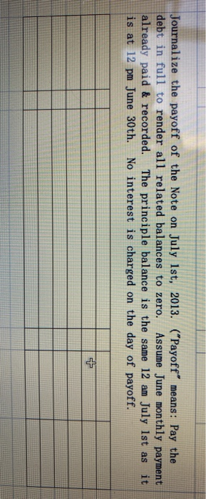 Journalize the payoff of the Note on July 1st, 2013. (Payoff means: Pay the debt in full to render all related balances to