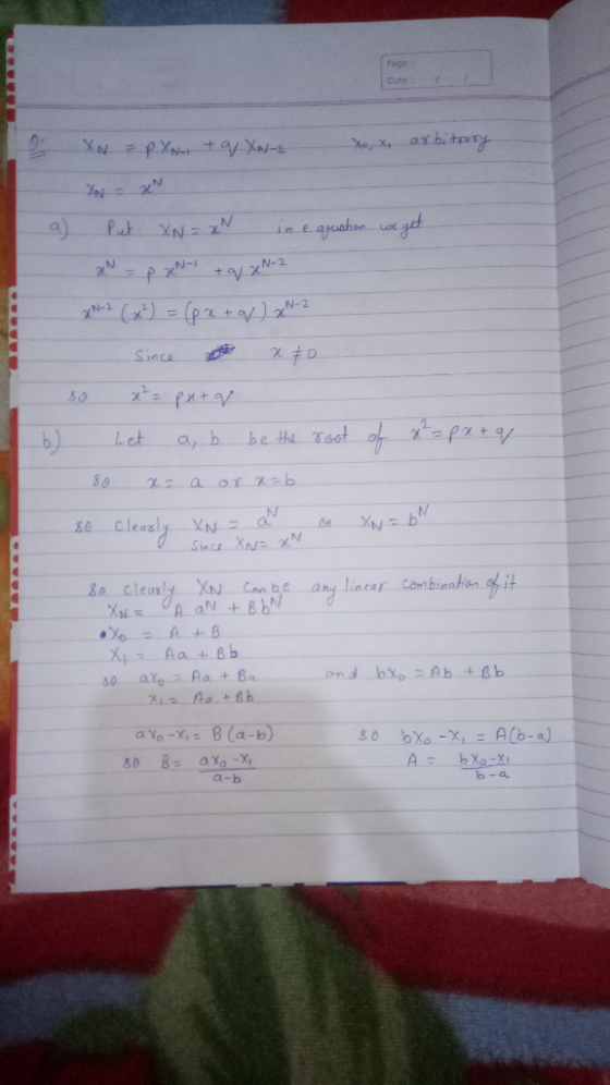 XN = p Xwritq XNz Xox, arbitrary XN a) Put XN=aN in equation we get aN - PN-1 + q 2 N-2 2N-2 (2²) = (px + 4) 2-2 since x 80 s