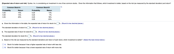 (Expected rate of return and risk) Syntex, Inc. is considering an investment in one of two common stocks. Given the informati