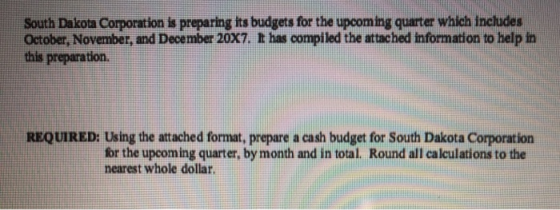 South Dakota Corporation is preparing its budgets for the upcoming quarter which includes October, November, and December 20x