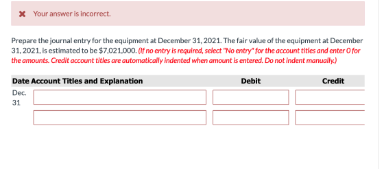 X Your answer is incorrect. Prepare the journal entry for the equipment at December 31, 2021. The fair value of the equipment